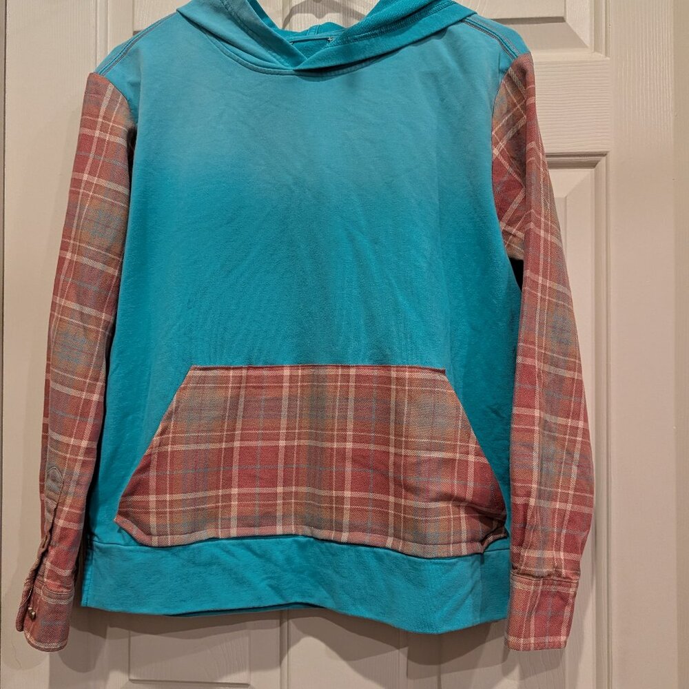 Reworked upcycle sweatshirt and flannel, teal peach size medium